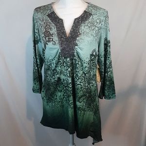 NWT One World green w/ gray embellished Large tunic